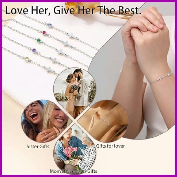 Dainty Gold Cross Bracelet with Birthstone, 6.5" Adjustable Chain - Picture 8 of 8